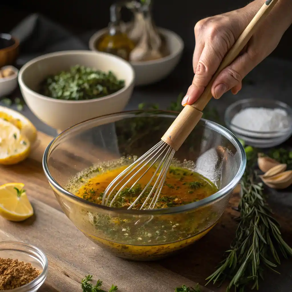 Hands whisking marinade ingredients in glass bowl for sheet pan salmon recipe including olive oil, honey, garlic, lemon juice, and fresh herbs