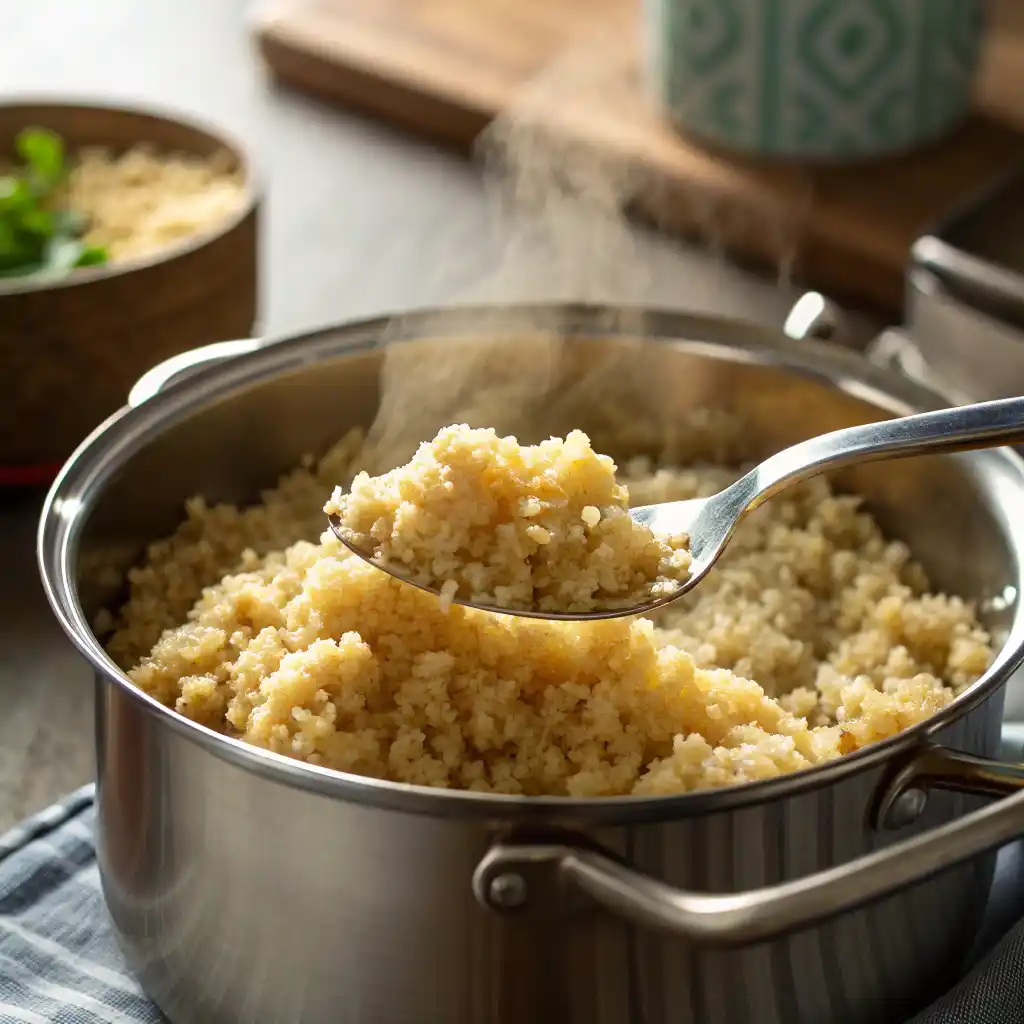Fluffy cooked quinoa being fluffed with a fork in a stainless steel pot, showing perfectly cooked grains
