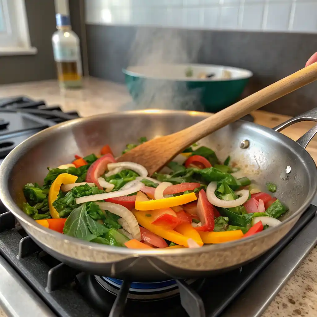 Colorful bell peppers, onions, and spinach sautéing in a skillet on the stove for egg muffins