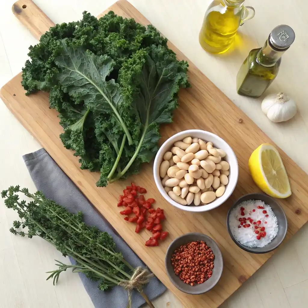 Fresh ingredients for Tuscan white bean kale recipe - fresh kale leaves, cannellini beans, tomatoes, garlic, herbs on wooden board