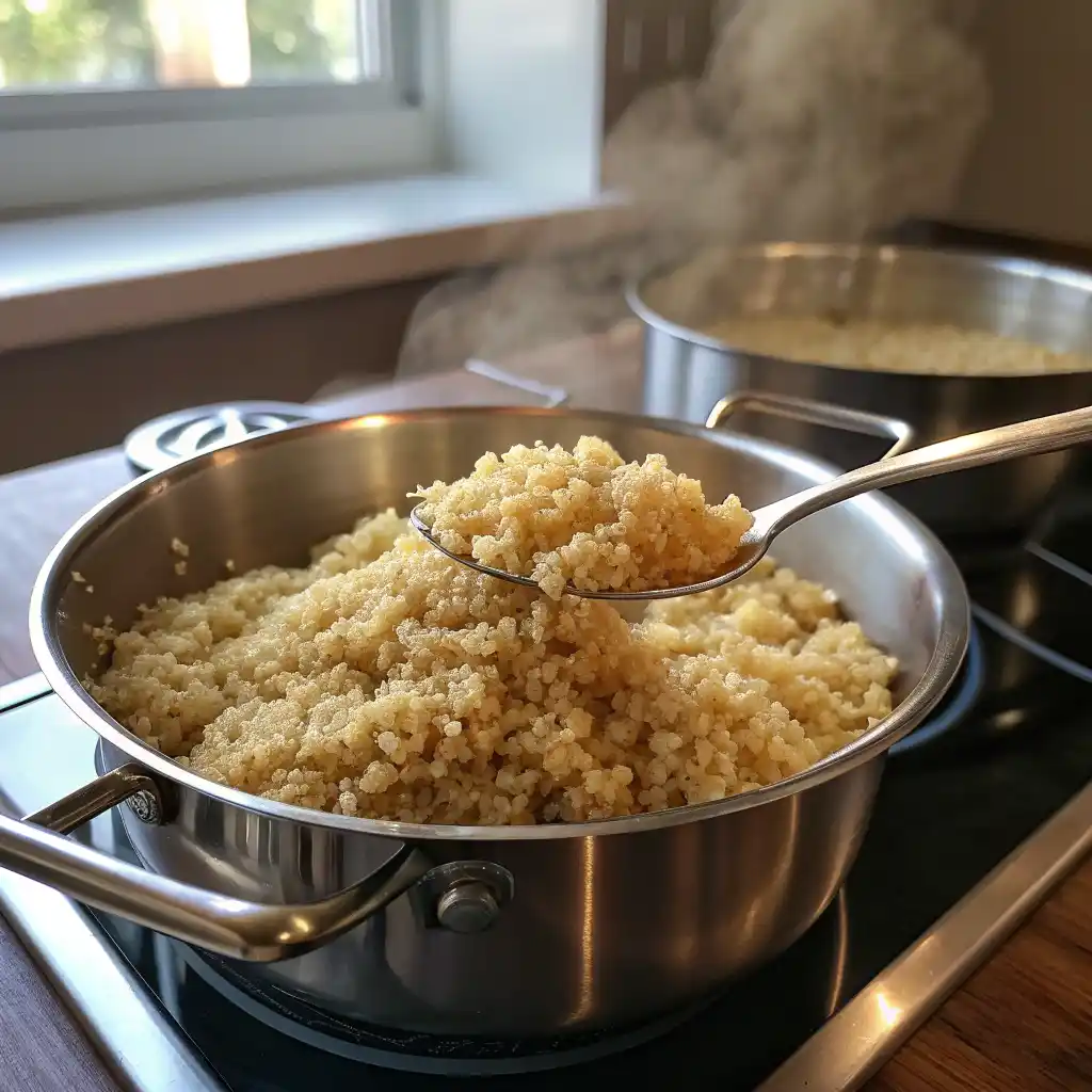 Fluffy cooked quinoa being fluffed with fork in saucepan for plant-based meal prep