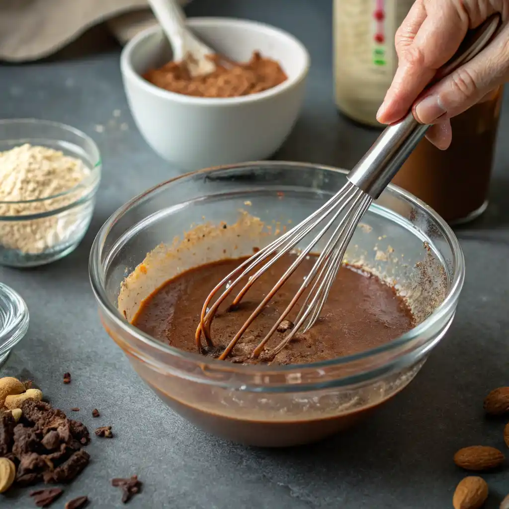 Whisking chocolate peanut butter mixture for overnight oats