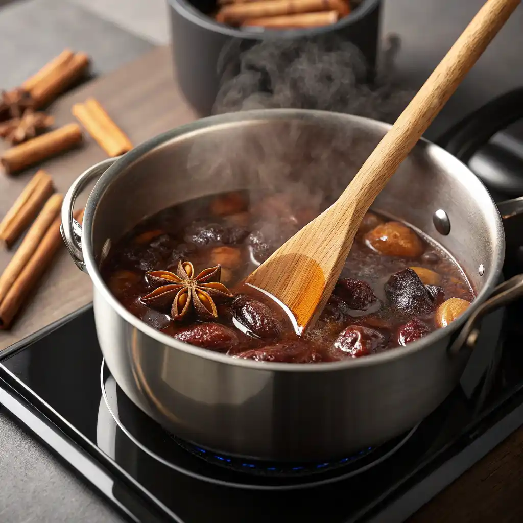 Making hot buttered prune juice on stove with spices simmering in saucepan for digestive wellness drink