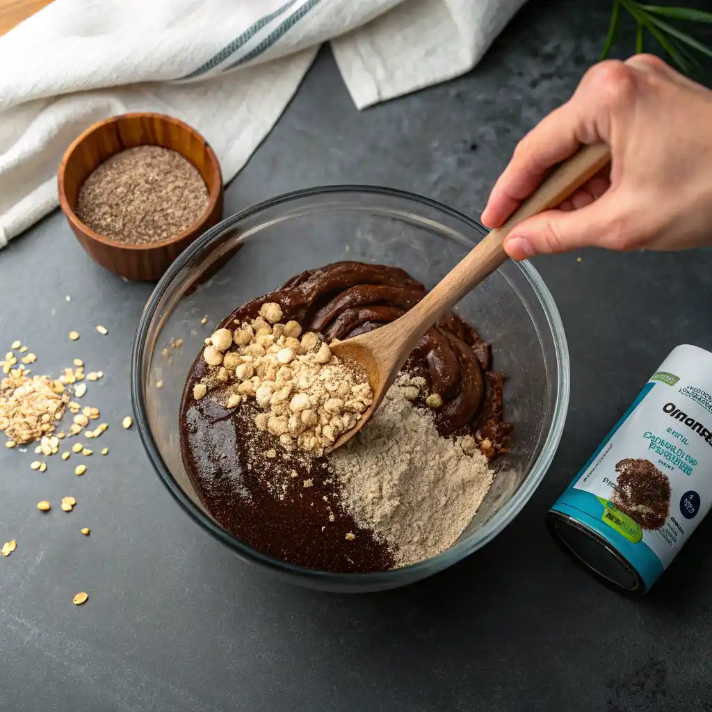 Stirring oats into chocolate peanut butter mixture