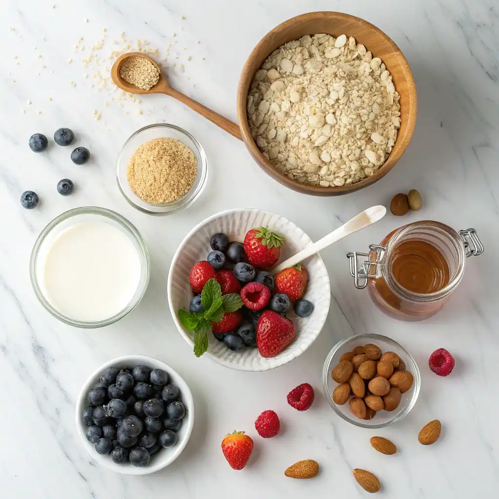 Ingredients for berry overnight oats recipe including oats, berries, yogurt, and chia seeds