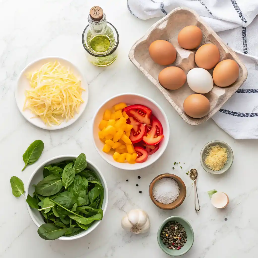 Fresh ingredients for high-protein egg scramble laid out on counter