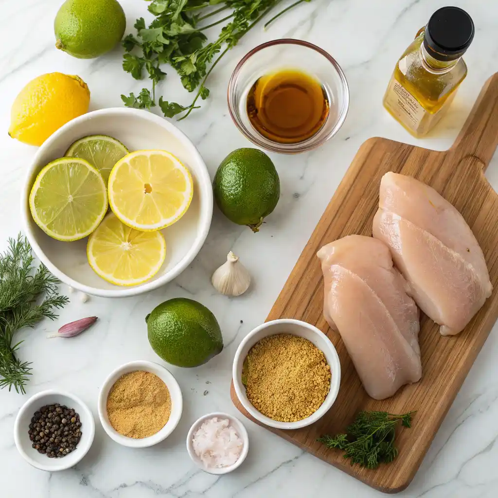 Gluten-free chicken recipe ingredients - fresh citrus, garlic, mustard, and olive oil