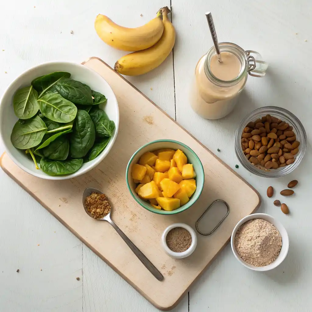 Green smoothie ingredients laid out including spinach, banana, mango, almond butter and flaxseed
