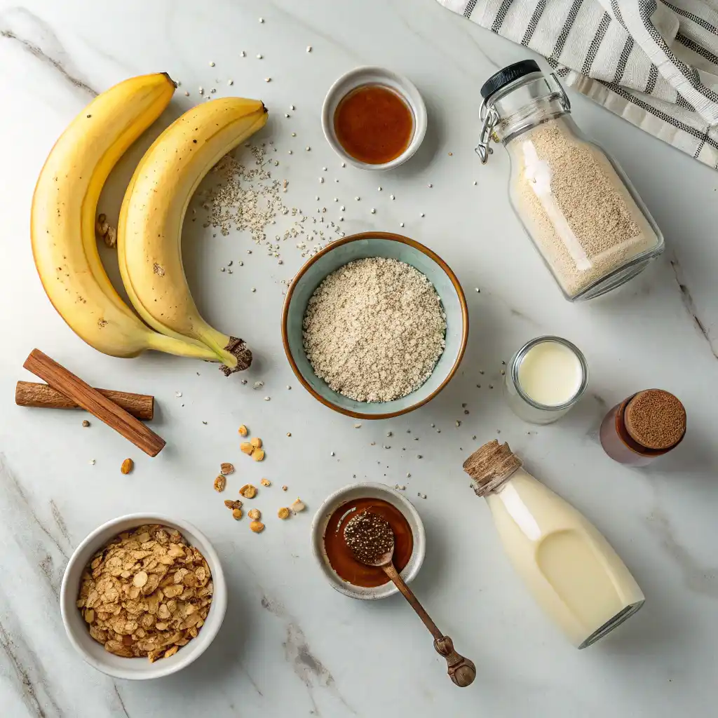 Vegan pancake ingredients including bananas, oats, almond milk, maple syrup, and flaxseed arranged on counter