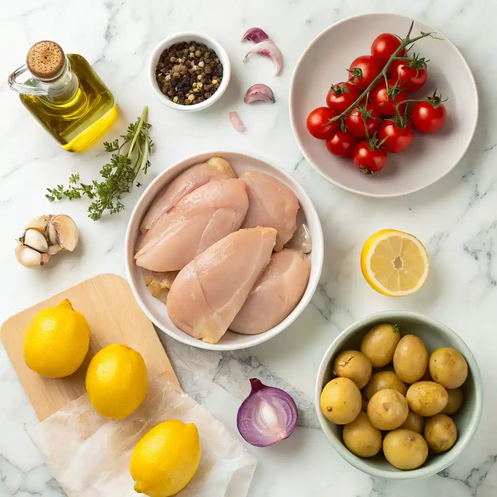 Mediterranean lemon chicken ingredients - fresh chicken breasts, lemons, garlic, olive oil, oregano, baby potatoes and cherry tomatoes on wooden board