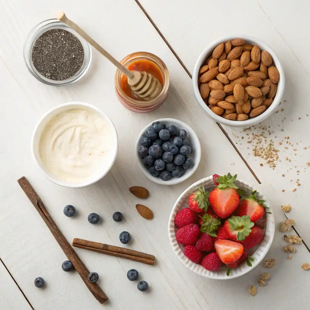 Fresh ingredients for Greek yogurt protein bowl on wooden table