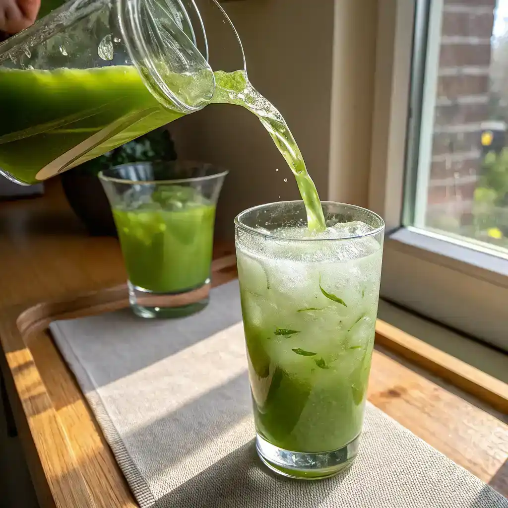 Vibrant green juice detox being poured into tall glass with ice cubes, showing bright emerald color and fresh appearance