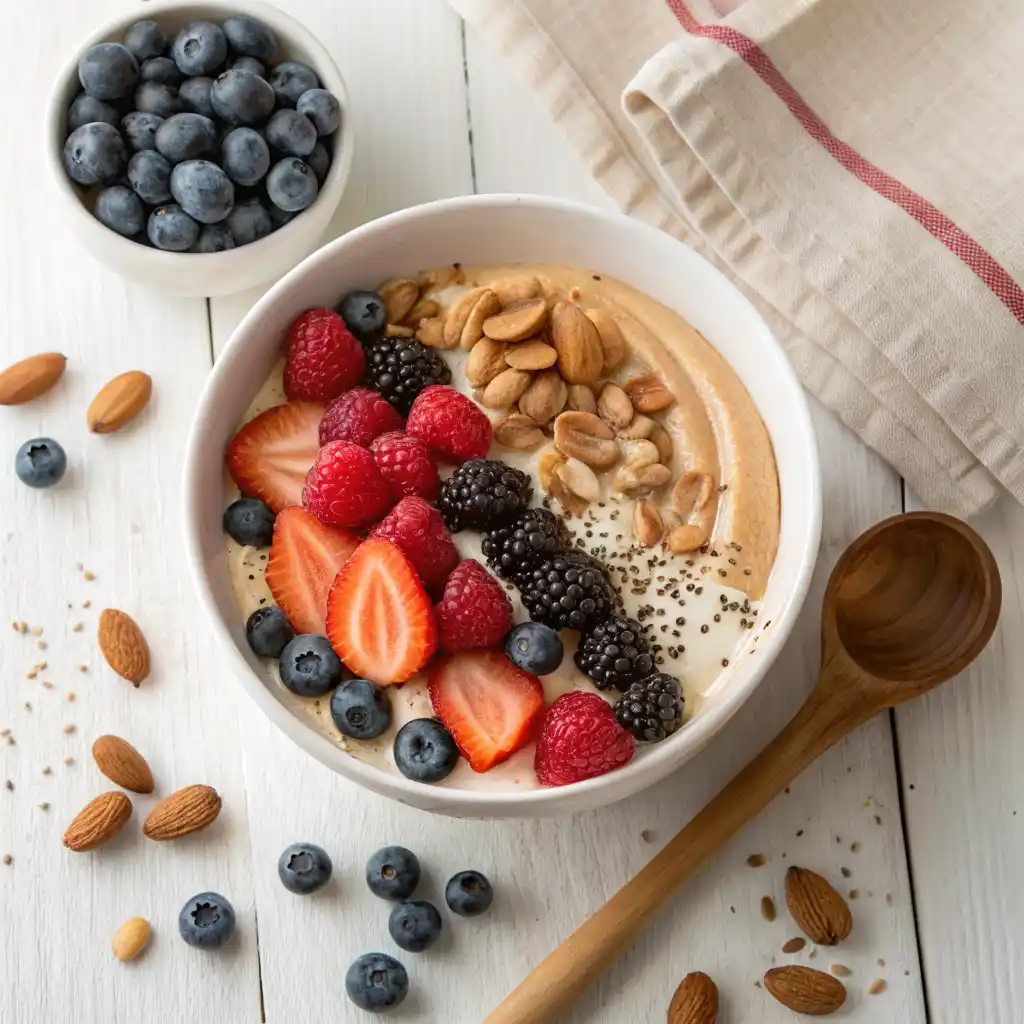 Greek yogurt protein bowl with berries, nuts and chia seeds