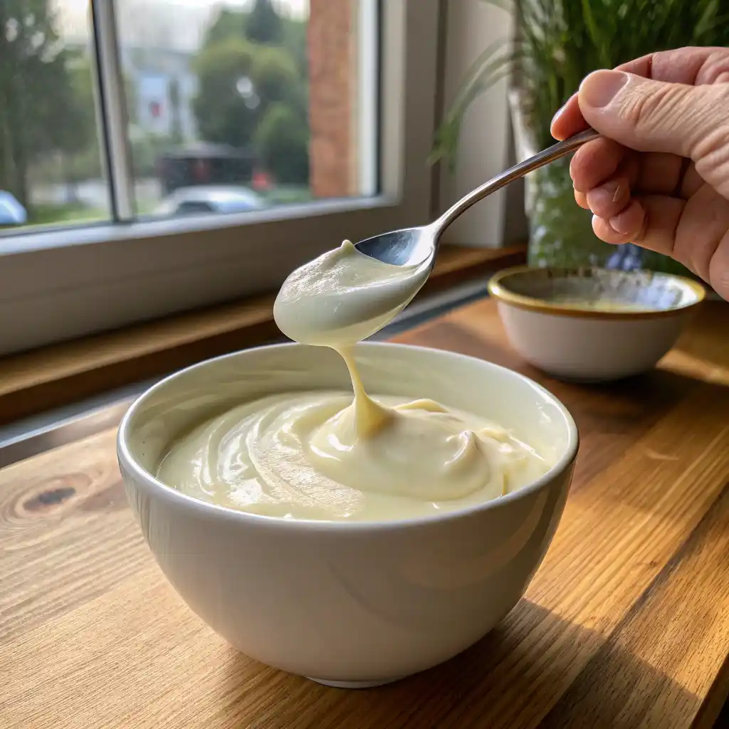 Hand spooning thick creamy Greek yogurt into white ceramic breakfast bowl for 5-minute power breakfast