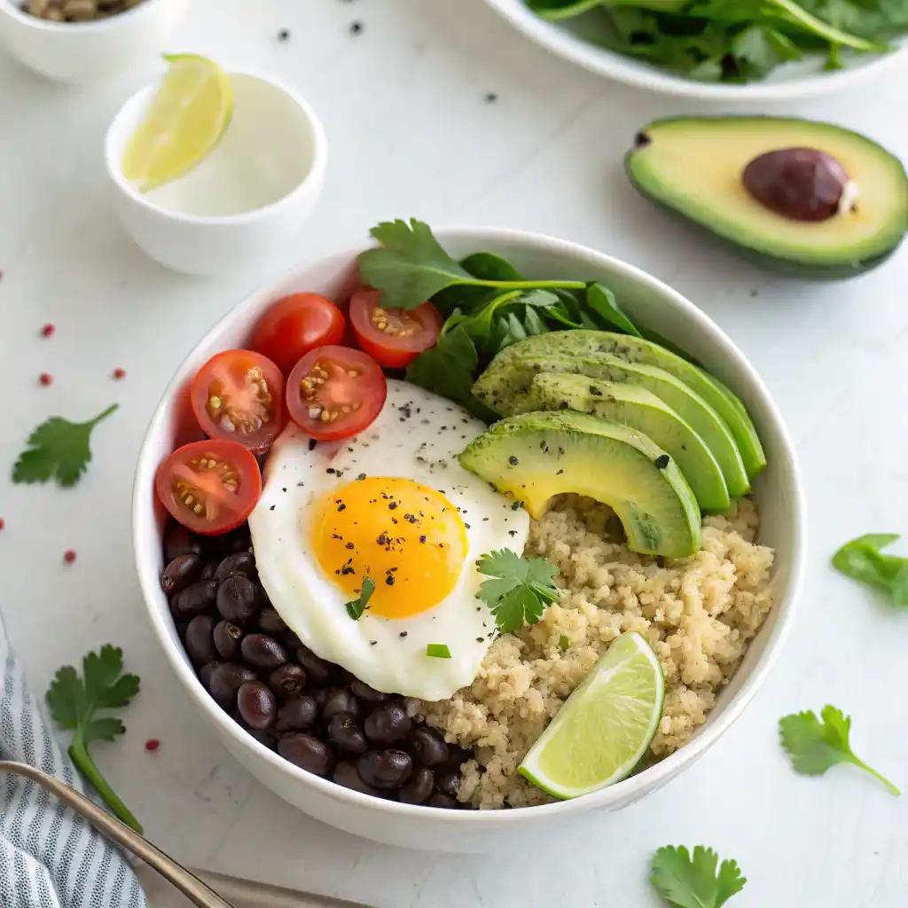 Colorful gluten-free quinoa breakfast bowl with egg, avocado, tomatoes and spinach