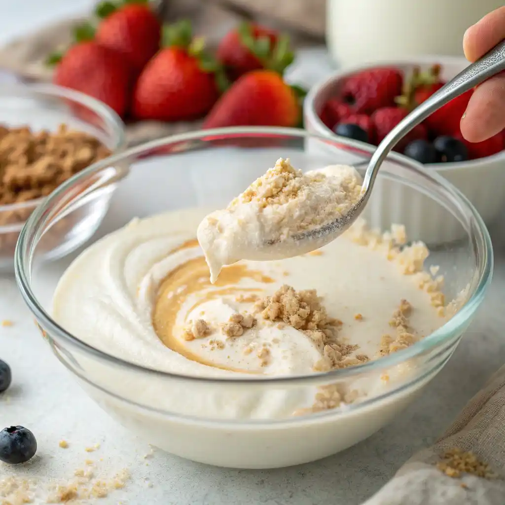 Mixing protein powder into Greek yogurt for high-protein breakfast