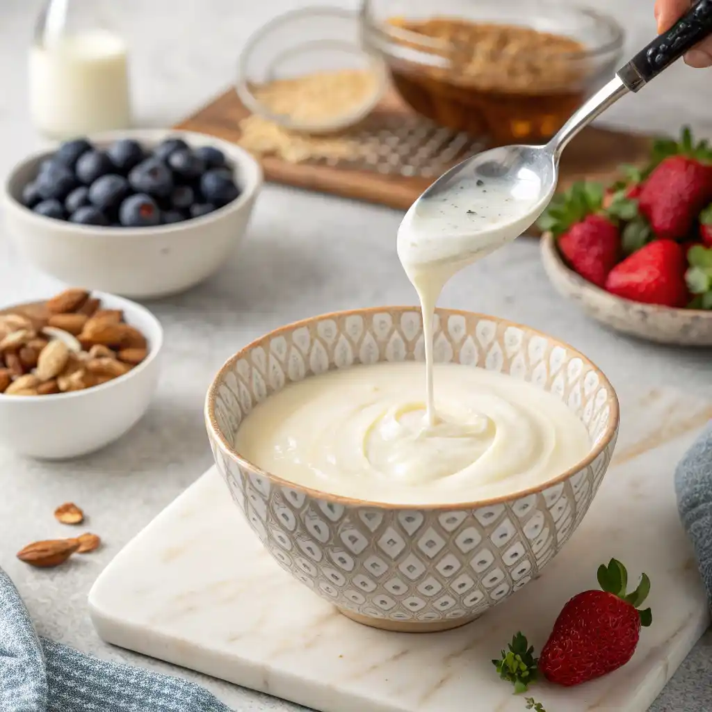 Adding fresh berries and toppings to Greek yogurt protein bowl