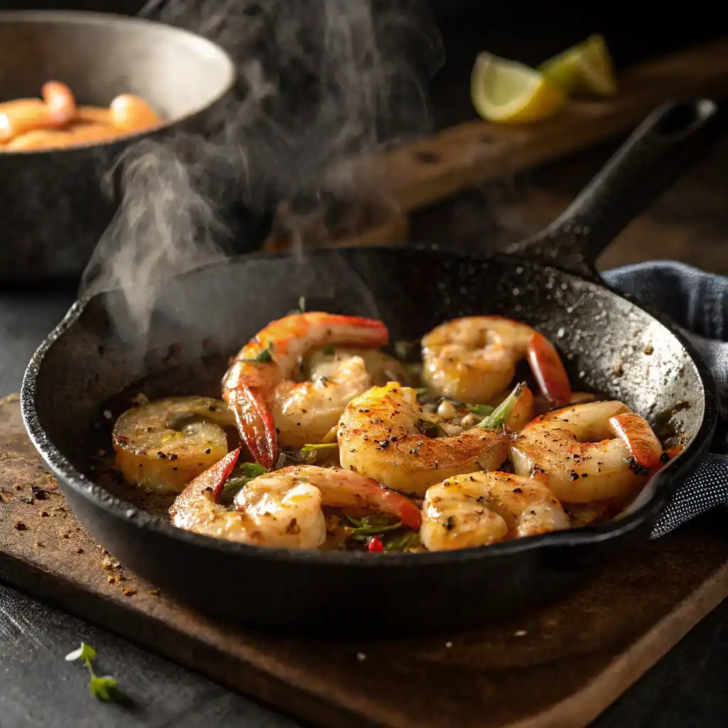 Perfectly seared garlic shrimp cooking in cast iron skillet with lemon and paprika - easy Mediterranean shrimp recipe tutorial