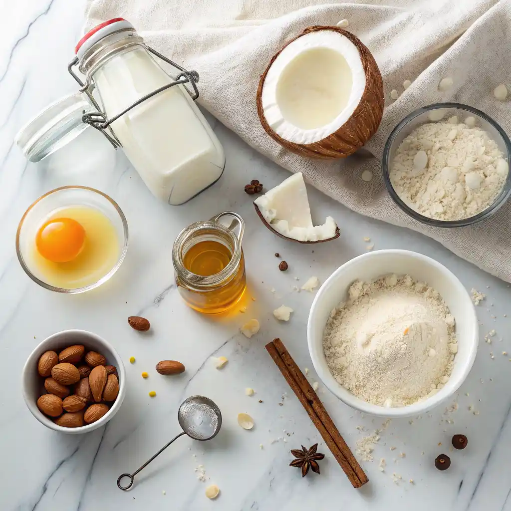 Coconut Flour Waffle Ingredients - Simple and Healthy Flat lay of coconut flour waffle ingredients including eggs, coconut flour, coconut oil, and almond milk