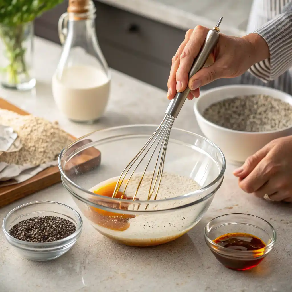 Whisking chia seeds with almond milk and vanilla extract in glass bowl for vanilla chia seed pudding
