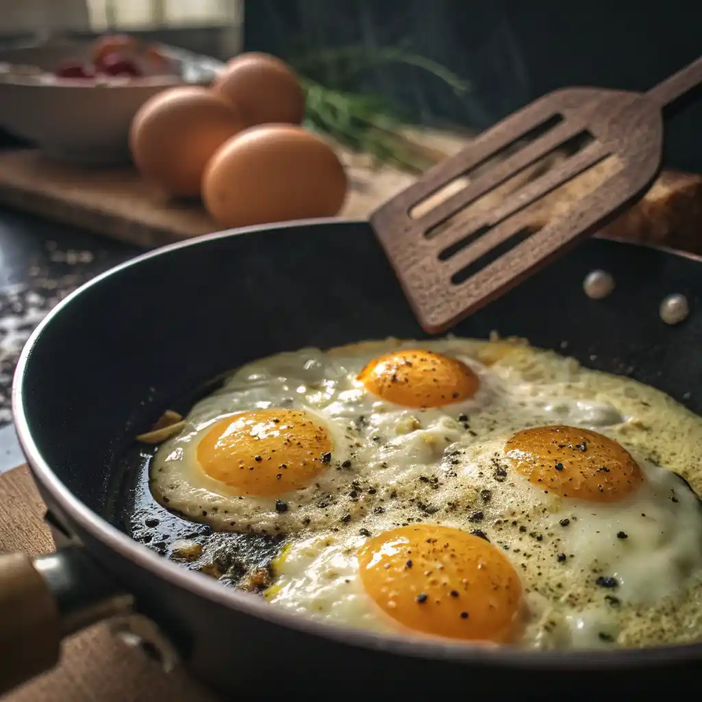 Eggs cooking perfectly in butter in skillet for keto breakfast power bowl