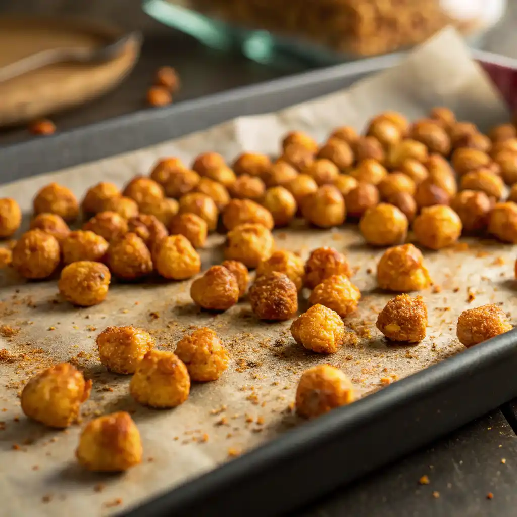 Golden brown crispy roasted chickpeas on a baking sheet fresh from the oven, seasoned with paprika and spices
