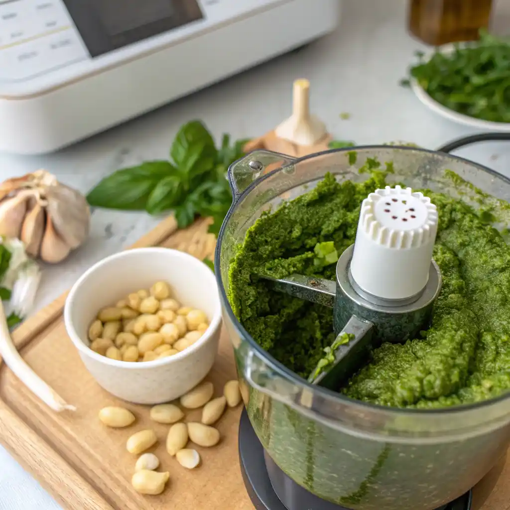 Bright green basil pesto in food processor bowl with visible basil leaves, pine nuts and garlic