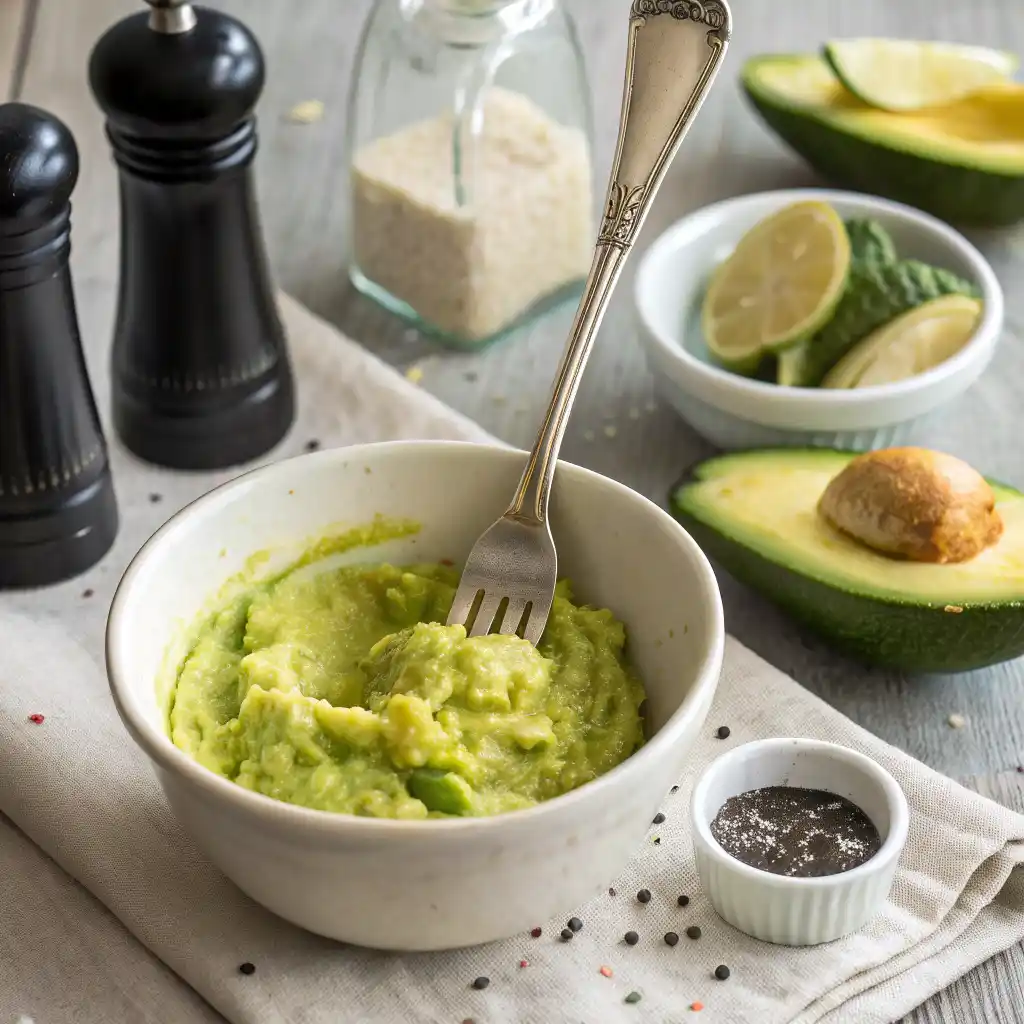 Fork mashing fresh green avocado in a bowl with lemon juice, salt and pepper for avocado toast