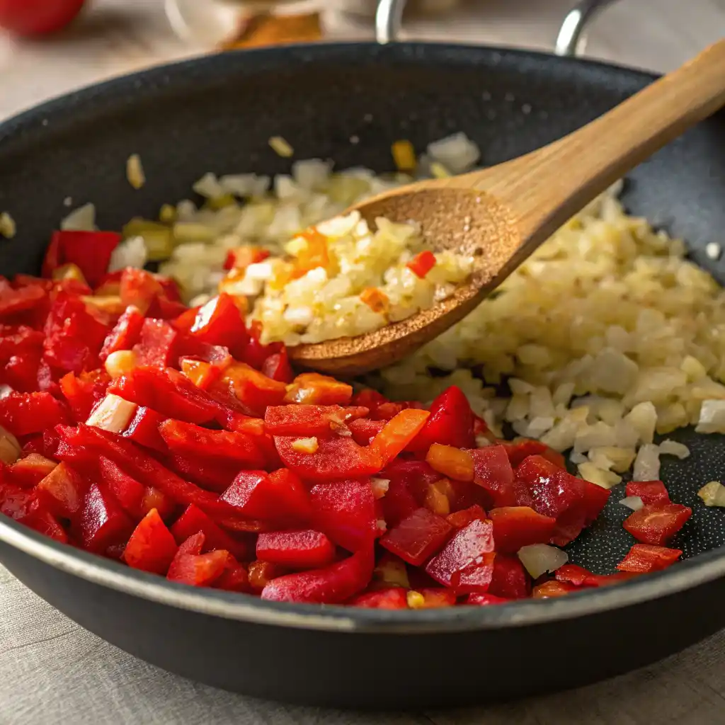 Minced garlic and chopped red bell peppers being added to sautéed onions in skillet for plant-based curry