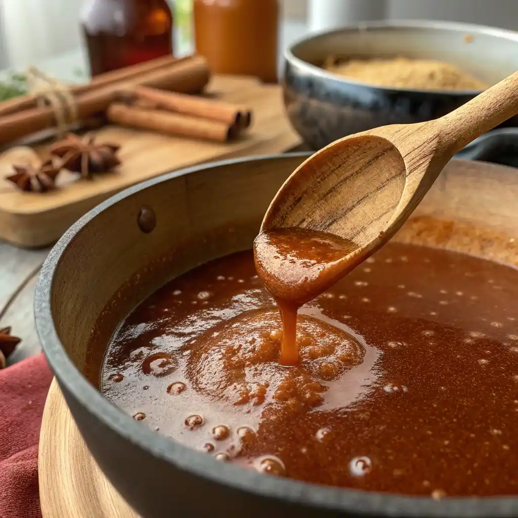Stirring honey into warm prune juice and butter mixture with wooden spoon creating smooth blend