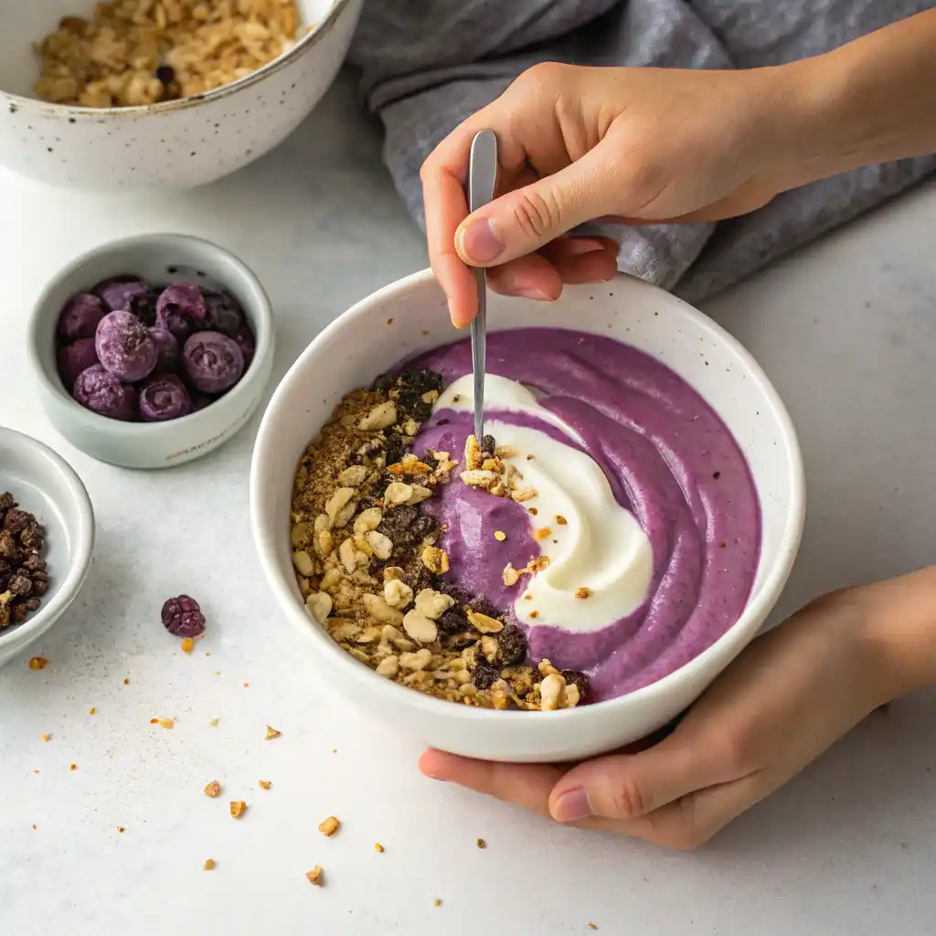 Step 2 of making breakfast bowls: hands folding yogurt mixture creating purple marbled swirl effect with açai berries through creamy yogurt base in white bowl