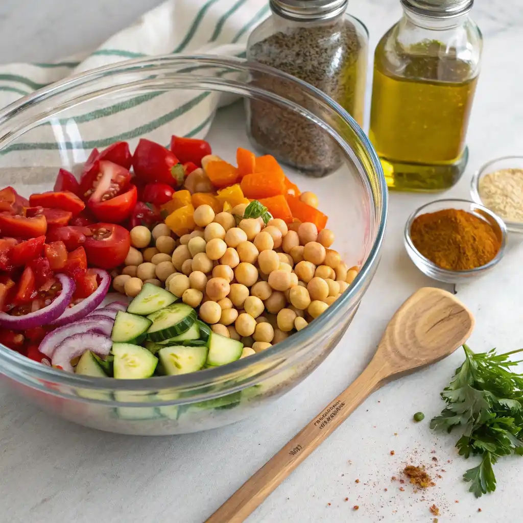 Vegetables and chickpeas being tossed with olive oil and spices in mixing bowl for roasting