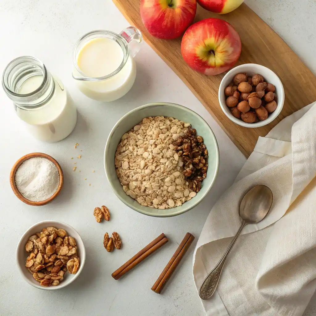 Apple cinnamon overnight oats ingredients including fresh apples, cinnamon, and walnuts