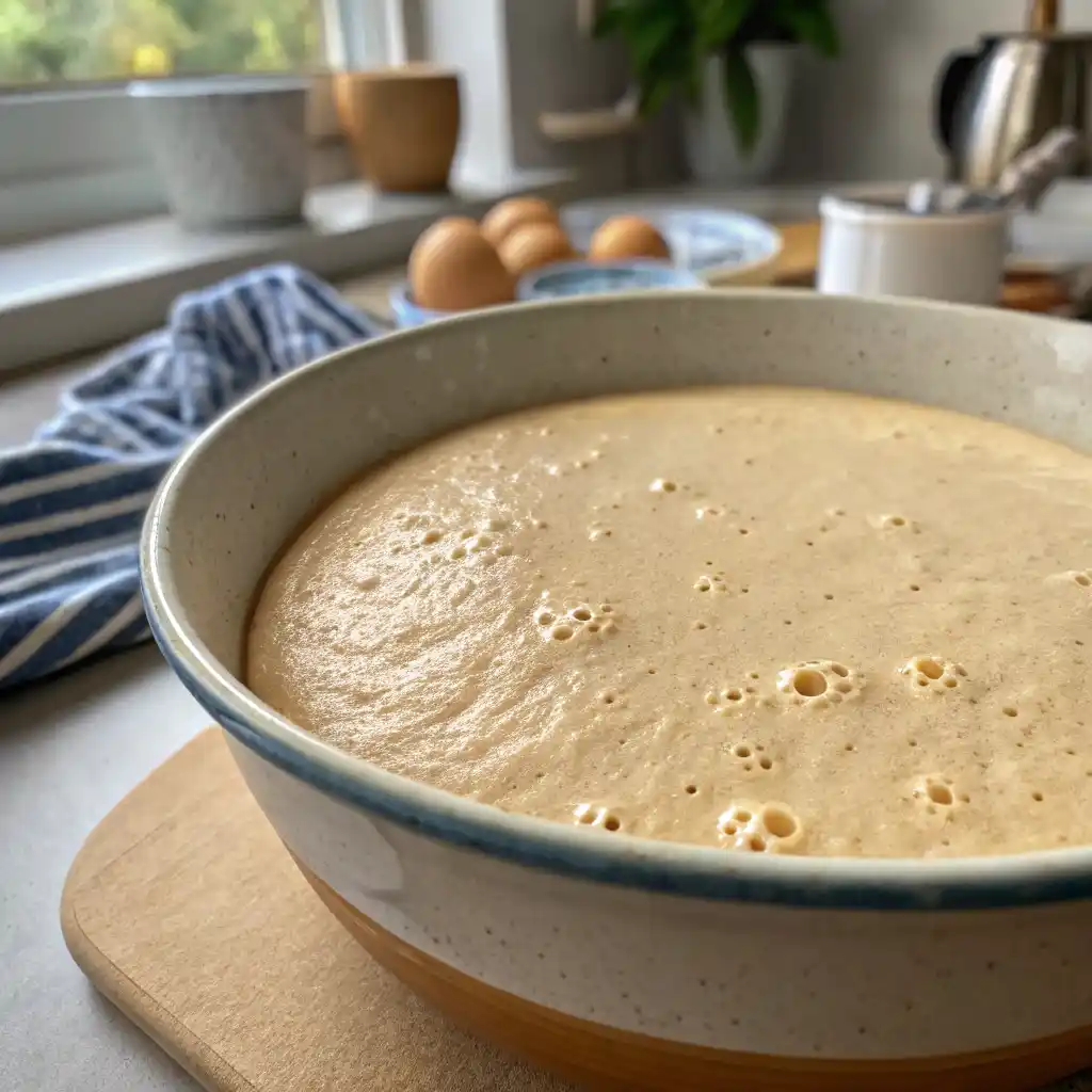 Healthy whole wheat pancake batter resting in bowl showing thick texture with small bubbles forming on surface