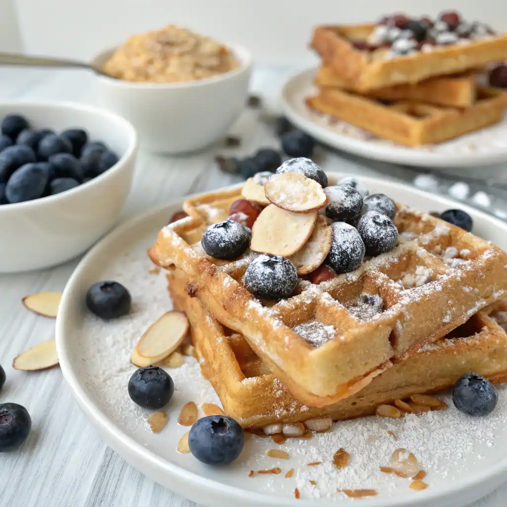 Blueberry almond waffles with fresh blueberries bursting through, topped with sliced almonds and berries