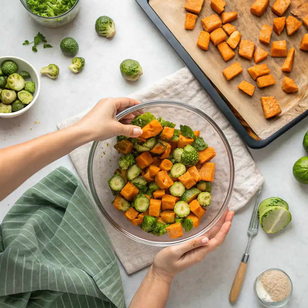 Hands tossing sweet potatoes and Brussels sprouts in marinade then arranging on parchment lined sheet pan for roasting