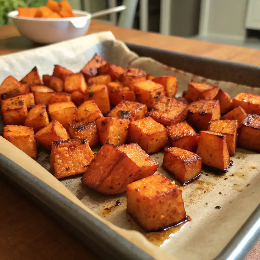 Golden roasted sweet potato cubes on a baking sheet with caramelized edges, perfectly tender and glossy