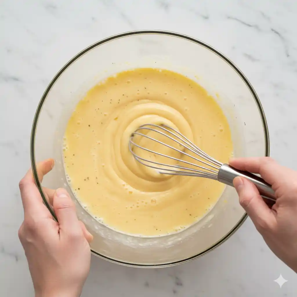 Whisking eggs with milk and seasonings in a glass bowl for egg muffin recipe