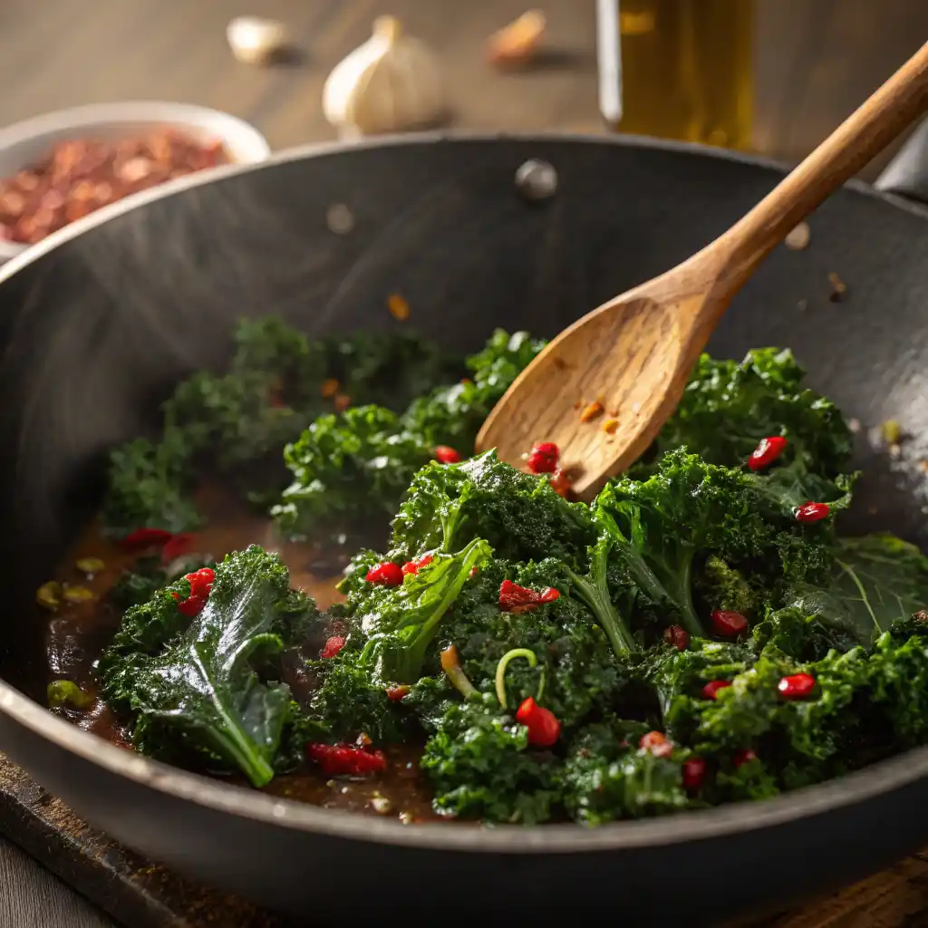 Fresh kale wilting in skillet with olive oil, garlic and red pepper flakes - step by step Italian cooking tutorial