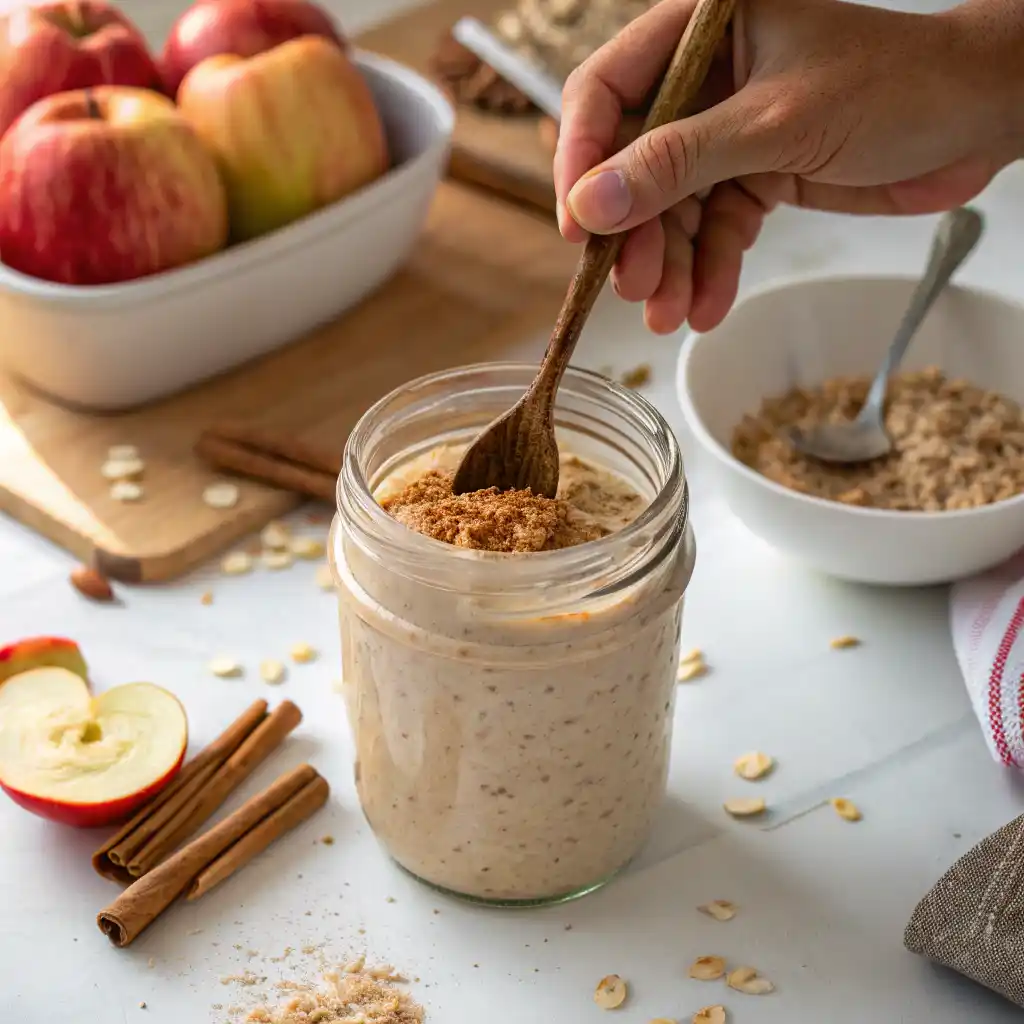 Mixing apple cinnamon overnight oats base with spices