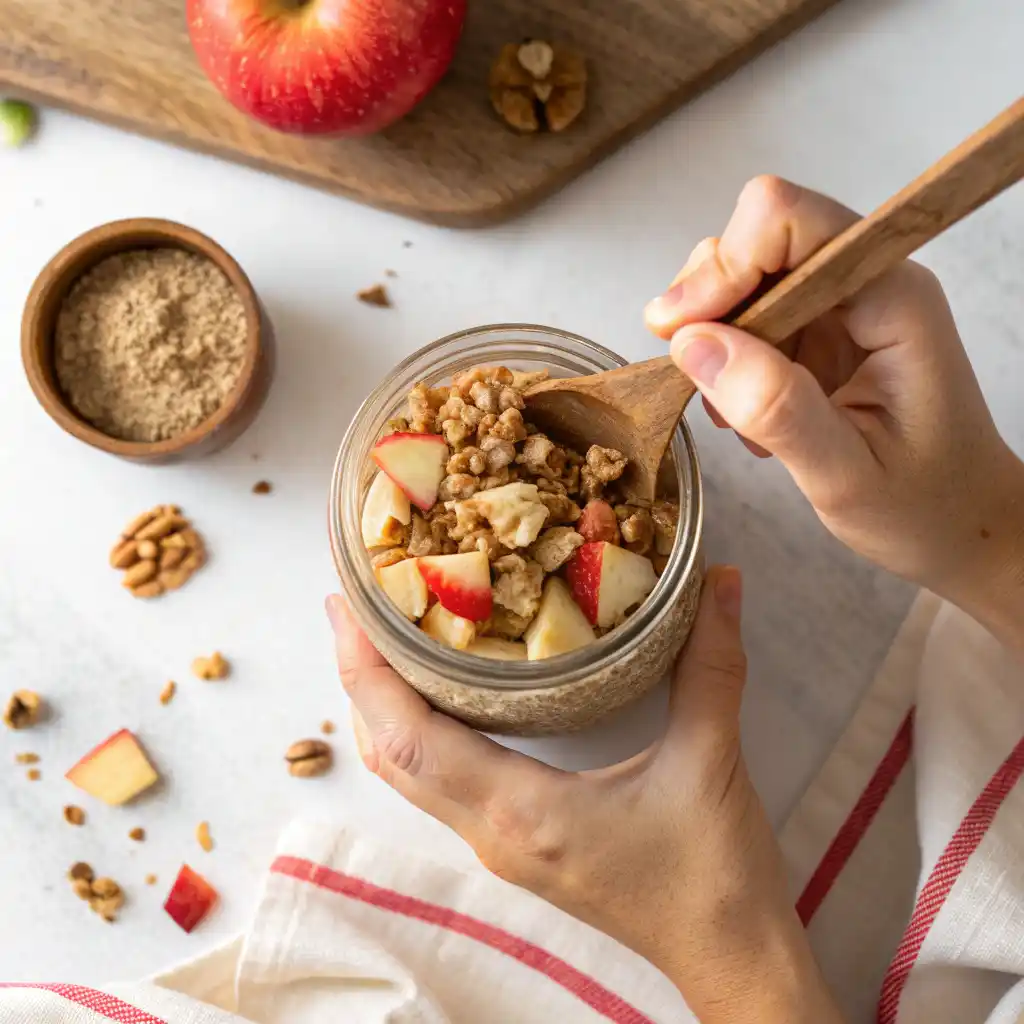 Folding fresh diced apples into cinnamon oat mixture
