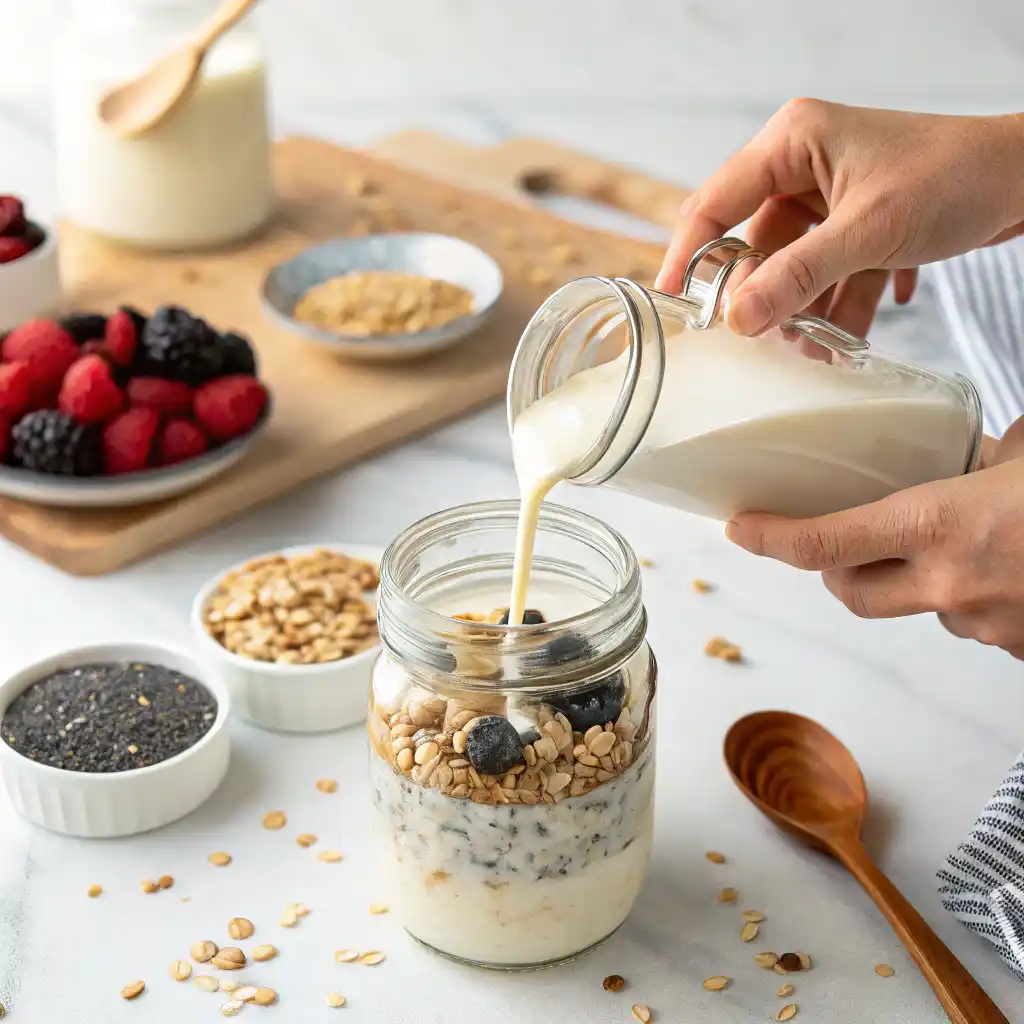 Mixing overnight oats base ingredients in mason jar with wooden spoon