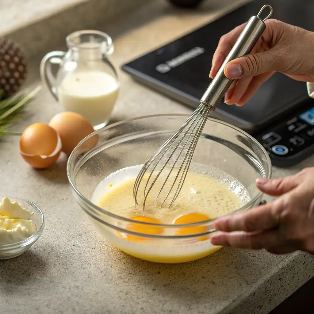 Whisking eggs and egg whites in bowl for high-protein breakfast