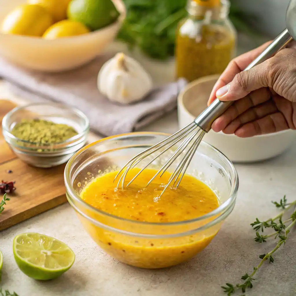 Whisking citrus marinade ingredients for easy gluten-free chicken recipe