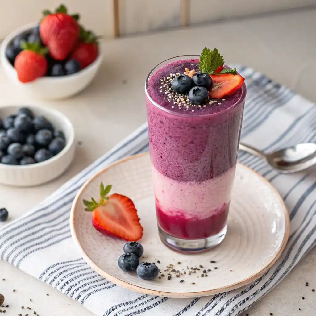 Berry protein power smoothie with purple-pink color topped with fresh berries and chia seeds