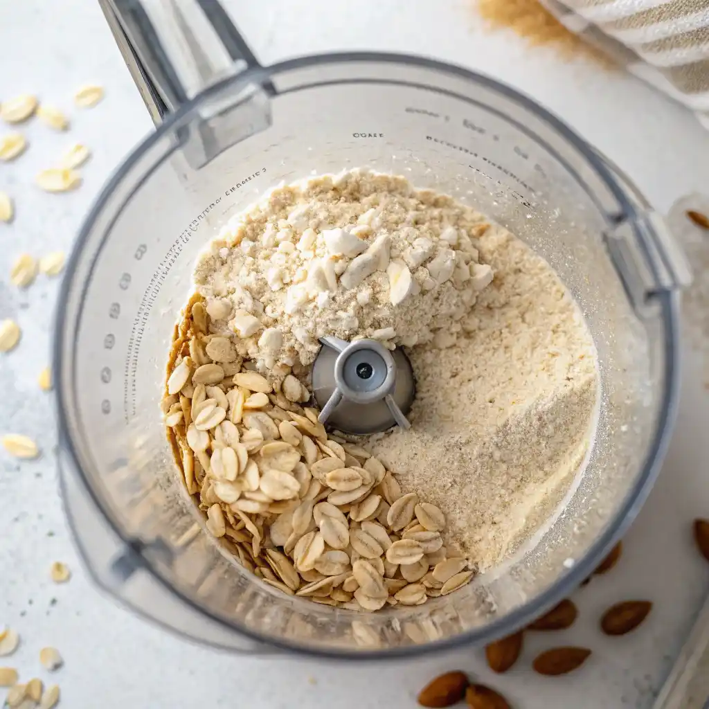 Rolled oats being blended into flour in high-speed blender for vegan pancakes