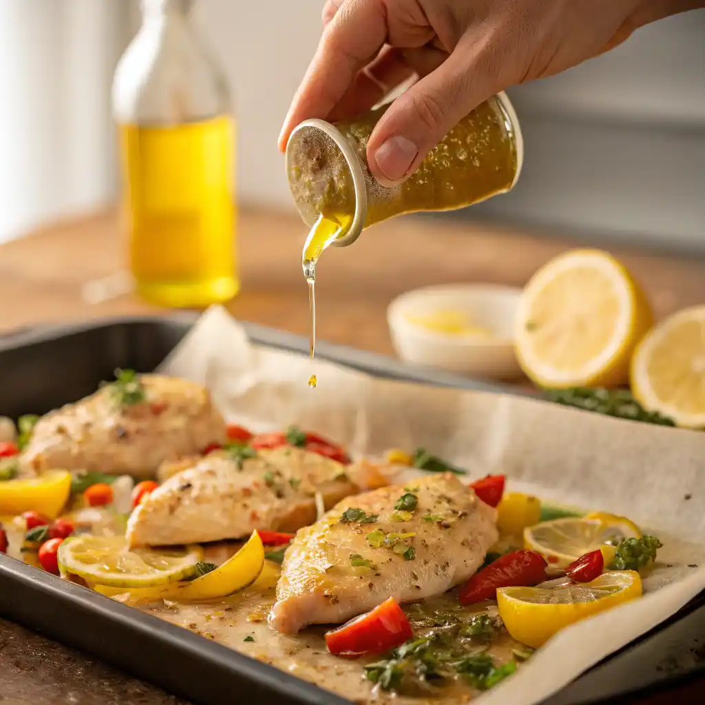 Drizzling lemon garlic marinade over chicken breasts and vegetables on baking sheet - step by step Mediterranean chicken recipe