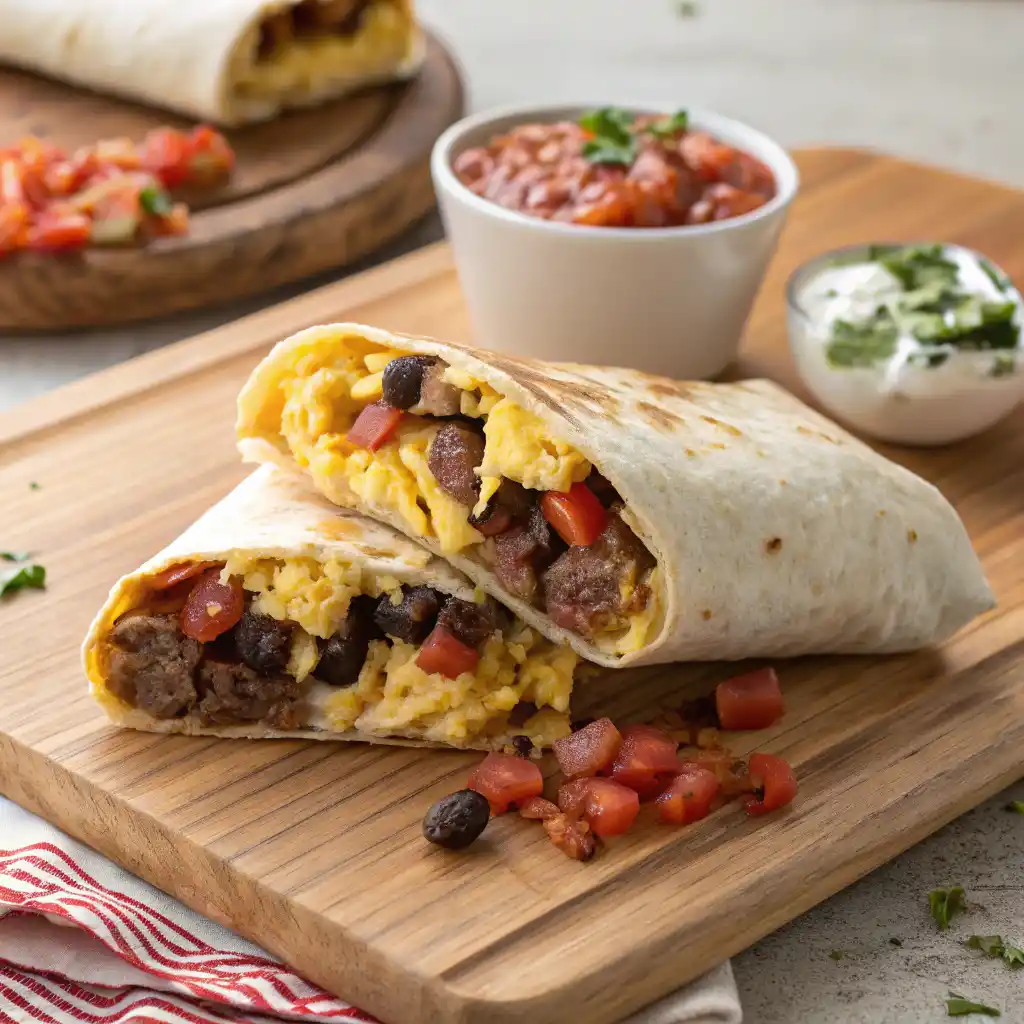 Make-ahead breakfast burrito cut in half showing protein-rich filling