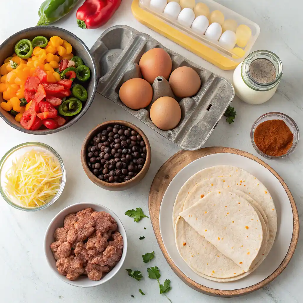 Ingredients for make-ahead breakfast burritos laid out on counter