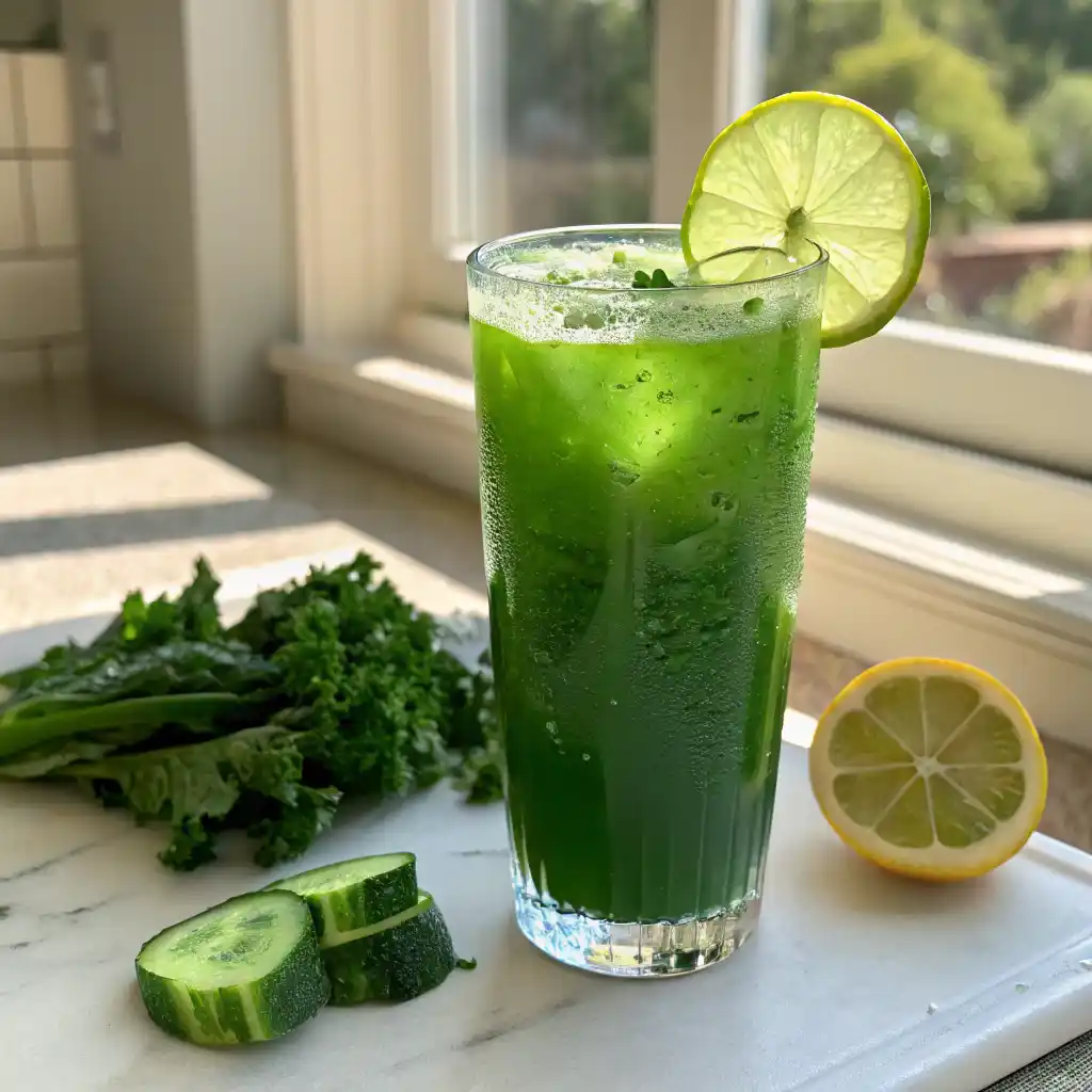 Fresh green juice detox ingredients including cucumber, celery, kale, green apple, lemon and ginger arranged on white marble counter
